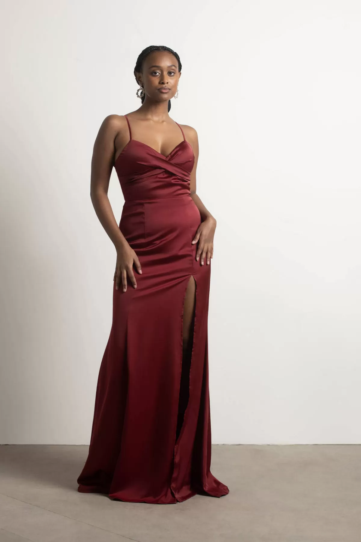 Tobi One More Night Satin High Slit Maxi Dress - Burgundy* Satin Bridesmaid Dresses | Mother Of The Bride Groom Dresses
