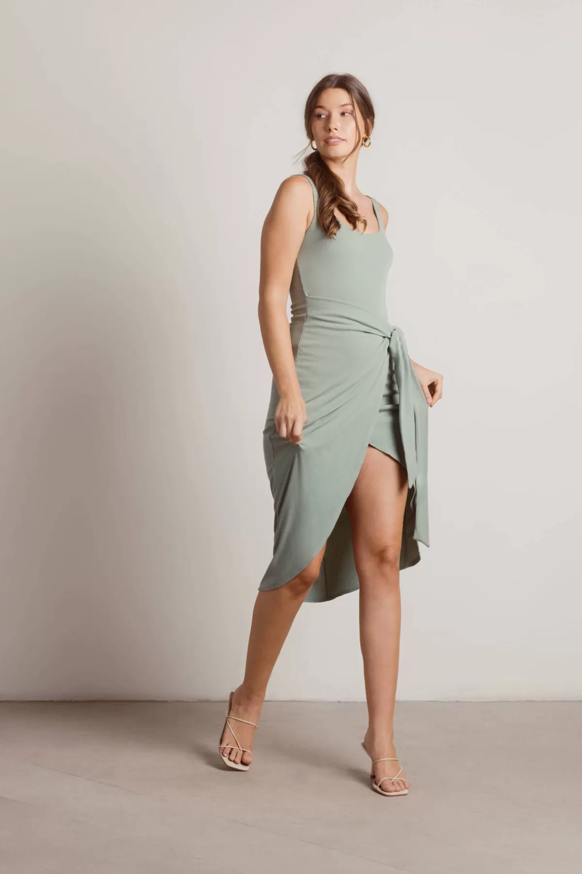 Tobi Wish I Missed You Side Slit Wrap Midi Dress - Tan* Rehearsal Dinner Dresses | Casual Wedding Guest Dresses
